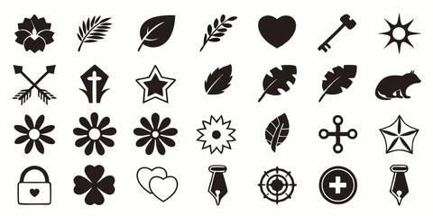 Floral and Nature Silhouette Icons Vector with Heart, Leaf, Star, and Key Shapes