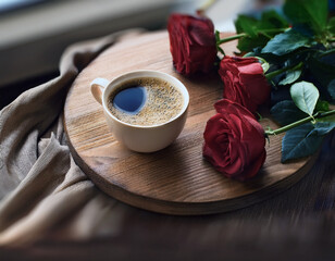 Coffee and Roses. A warm cup of coffee beside elegant red roses on a wooden board, evoking romance and calm. Ideal for romantic ads, cafés, greeting cards, or lifestyle blogs
