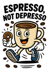 Espresso Not Depresso. A happy coffee cup character with a donut, spreading good vibes and caffeine joy. Great for stickers, posters, mugs, or fun social media content