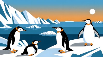 Obraz premium Emperor penguins in antartica, polar landscape, animals illustration