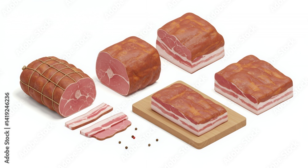 Poster isometric dry-cured ham and bacon 3d rendering