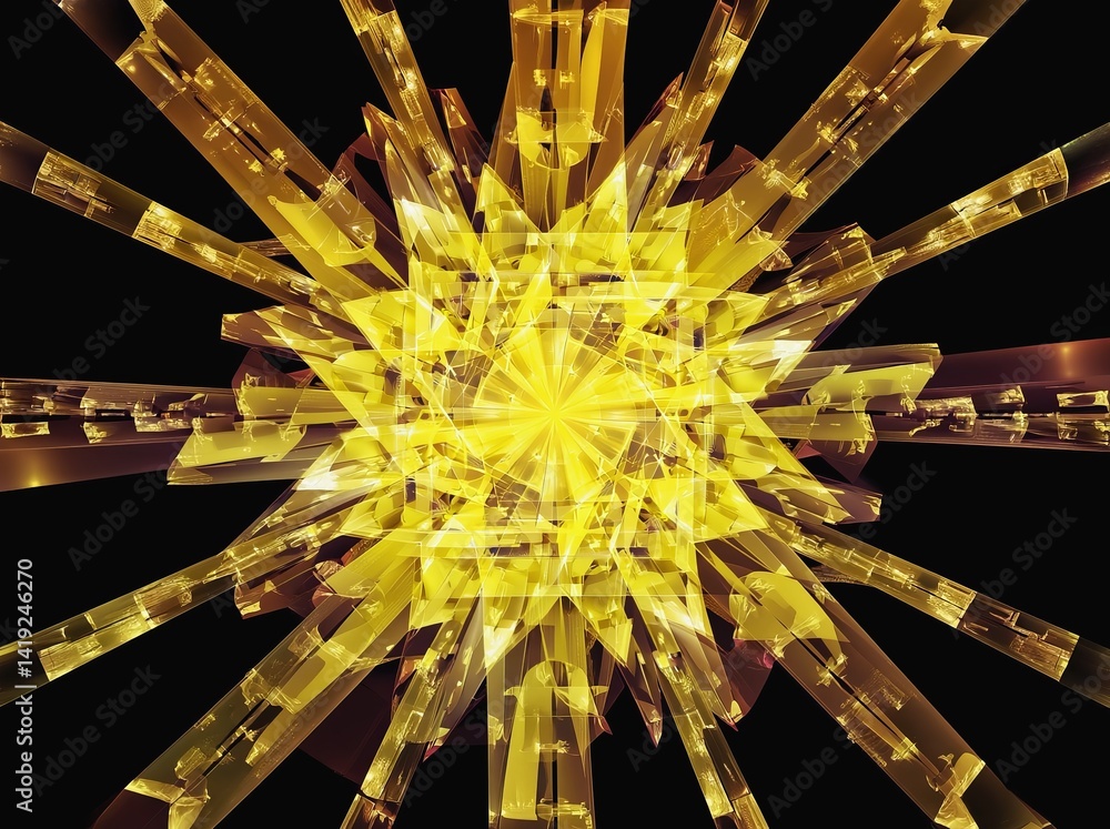 Poster vibrant yellow abstraction with sharp crystal-like elements radiating from a central point
