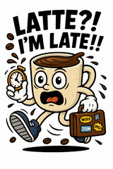  Latte?! I'm Late!! A panicked coffee cup character rushes with a clock and briefcase, spilling beans and latte, symbolizing morning chaos. Great for humorous mugs, posters, stickers, or social media 