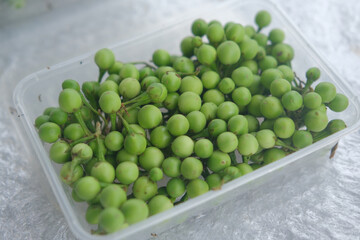 Fresh green berries are displayed in clear container showcasing their natural beauty. These small fruits are often found in local markets and are popular for their unique flavor