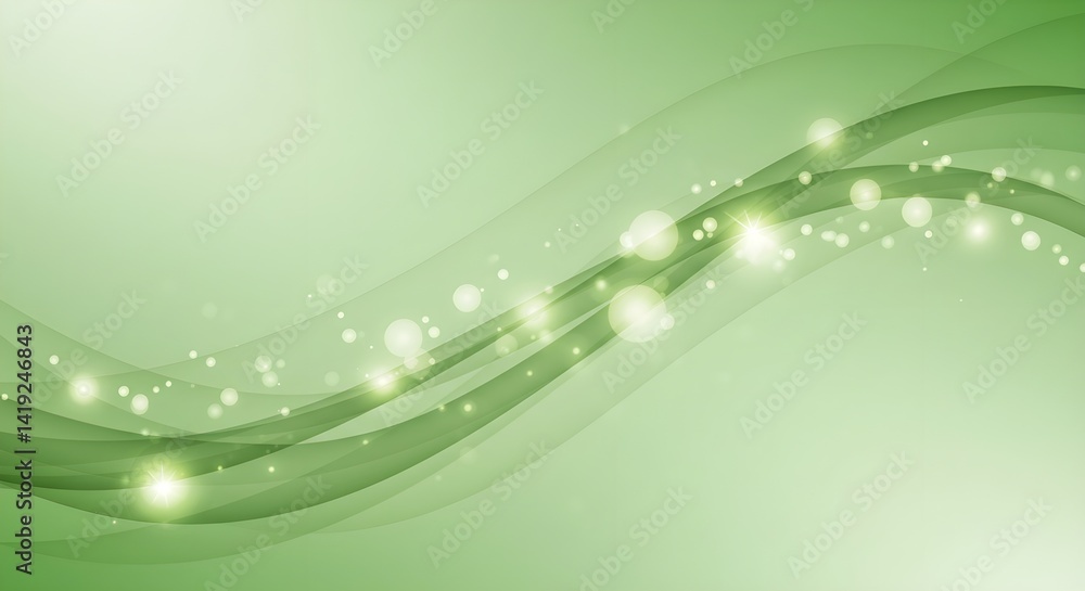 Poster a soft green abstract background featuring translucent flowing lines and glowing orbs scattered thro