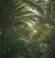 Obraz premium Intricate palm fronds, rich emerald hues, sunlight filters through , illustration, organic, palm
