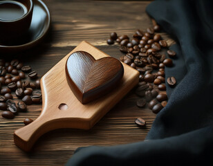  Heart of Coffee. A heart-shaped chocolate rests on a wooden board surrounded by coffee beans, evoking warmth and love. Ideal for café ads, social media, love-themed coffee promos, or gift packaging