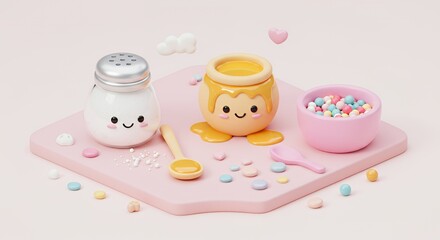 Kawaii Cartoon Food Preparation: Pastel Honey Pot, Salt Shaker and Sprinkles