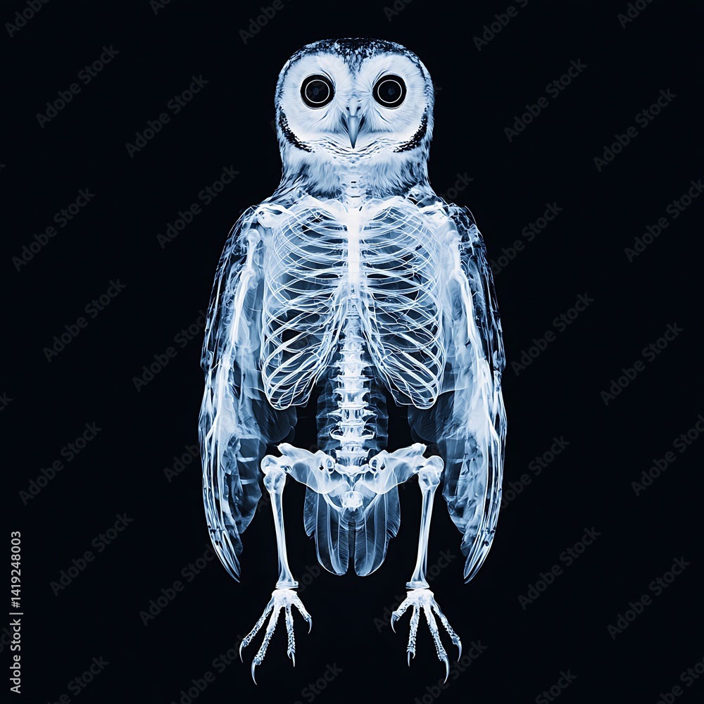 Poster an x-ray image of an owl showcasing its skeletal structure against a dark background, revealing intr