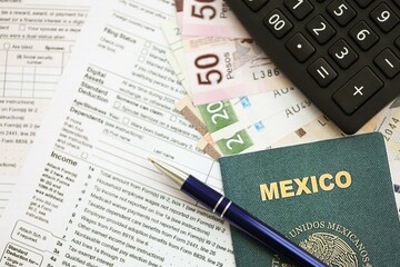 Mexican pesos money bills in big amount lies on table with pen, calculator, passport and tax forms