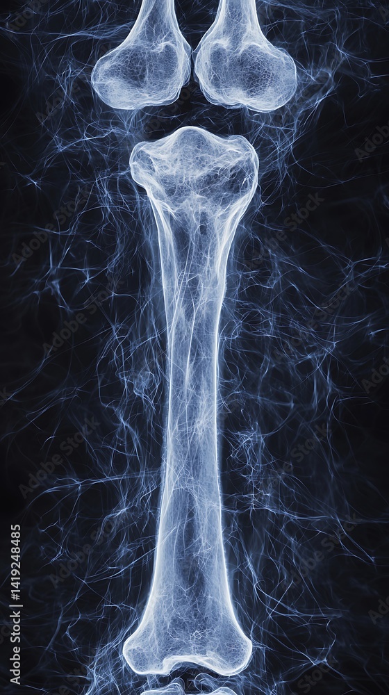 Poster a striking x-ray image of a human bone structure, showcasing intricate details and ethereal patterns