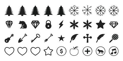Winter Snowflakes and Nature Icons Vector – Trees, Hearts, Music, Tools & Symbols