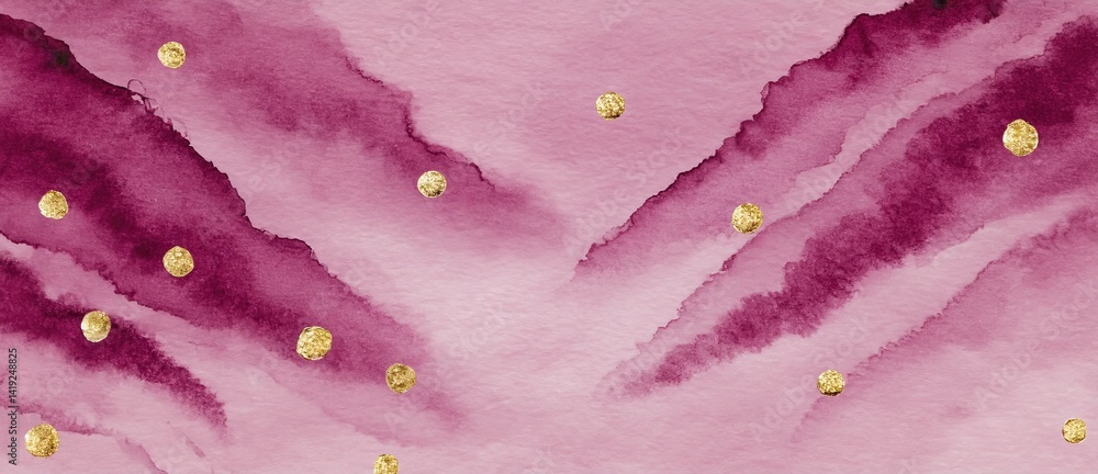 Poster soft pink watercolor background with golden dots and flowing abstract patterns in a creative artisti