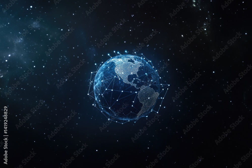Wall mural a glowing blue earth with a digital network of lines and points, against a starry background