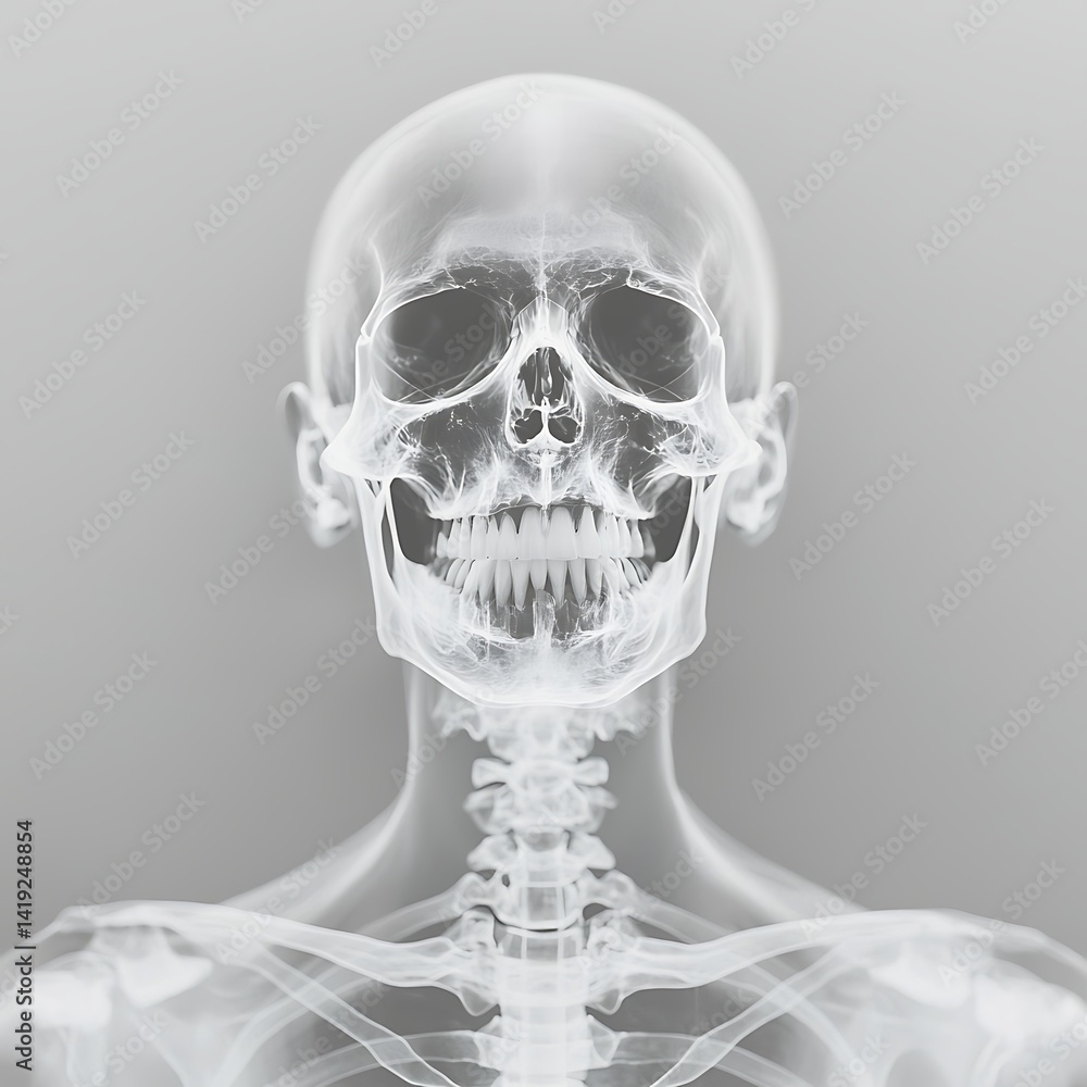 Poster an x-ray image of a human skull and upper spine, displaying intricate details of bones and dental st