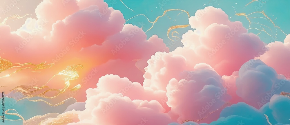 Poster abstract clouds create a dreamy background with soft pink hues and golden wisps in a serene sky at d