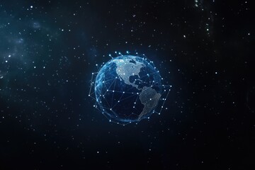 A glowing blue Earth with a digital network of lines and points, against a starry background