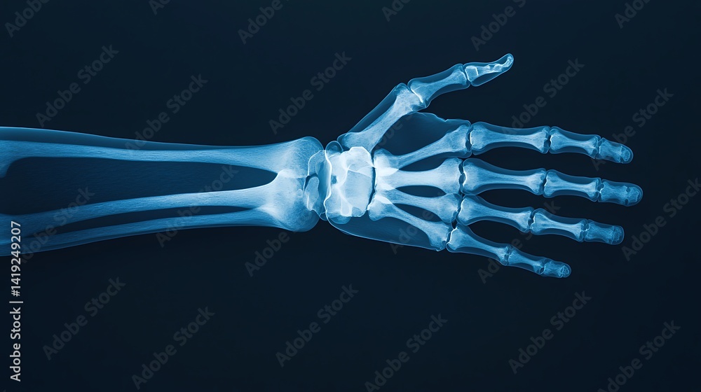 Poster an x-ray image showing the skeletal structure of a human hand, highlighting the bones and joints dis