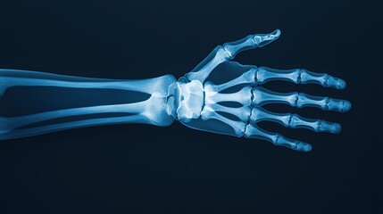 An X-ray image showing the skeletal structure of a human hand, highlighting the bones and joints distinctly against a dark background.