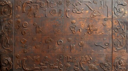 Close up of a weathered and oxidized iron surface featuring intricate embossed patterns and an antique distressed appearance  This abstract texture background has a vintage