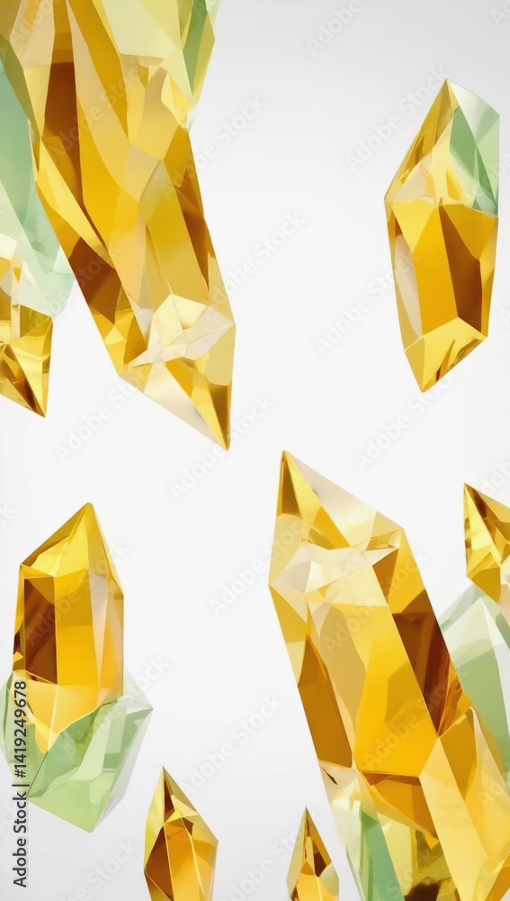 Poster abstract composition of shimmering yellow and green crystals floating against a soft background to c