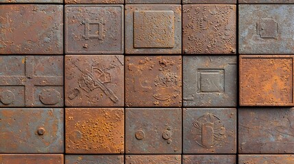 Closeup of a rusty weathered iron surface with intricate embossed ornamental patterns in an antique vintage aesthetic  Detailed textured metal backdrop with a grunge industrial style