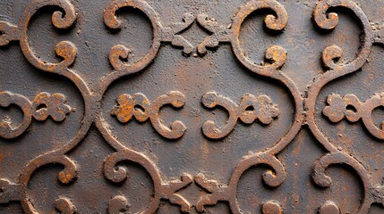 Detailed view of a rusty iron surface featuring intricate embossed patterns and an aged antique like effect  This textured metal background has a weathered industrial charm perfect for vintage grunge