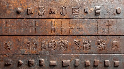 Rusty iron surface with intricate embossed patterns and an antique grungy weathered appearance  The textured metal has a vintage industrial feel with a decorative ornamental design