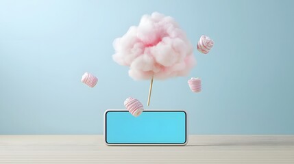 A dreamlike whimsical cloud of soft fluffy cotton candy forming and swirling above the interface of a digital food application creating a captivating and alluring visual experience