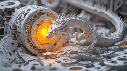 Captivating image of a coiled dragon wrapping around a glowing orb with intricate paper cut like textures creating an ethereal mystical atmosphere