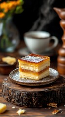 Delightful dessert served on rustic wooden plate with aromatic coffee in a cozy caf&eacute; setting inviting sweet indulgence.