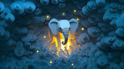 Majestic white elephant surrounded by shimmering glowing auras in a detailed intricate paper cut art Ethereal spiritual and captivating visual