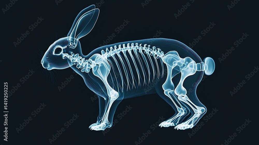 Aufkleber an x-ray image of a rabbit showcasing its skeletal structure, highlighting bones and joints in a blu