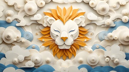 A magical dreamlike image of a mystical lion surrounded by swirling clouds created using a layered paper cut design technique for a surreal ethereal and fantastical visual effect