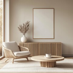Modern minimalist living room featuring a light beige color palette, wooden furniture, and a framed artwork