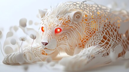 Mesmerizing Paper Cut Art Guardian Lion Statue with Glowing Red Eyes  Intricate detailed and visually striking representation of a mythical oriental guardian figure in an elegant
