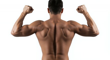 Muscular Man's Back and Arms Flexed Against White Background