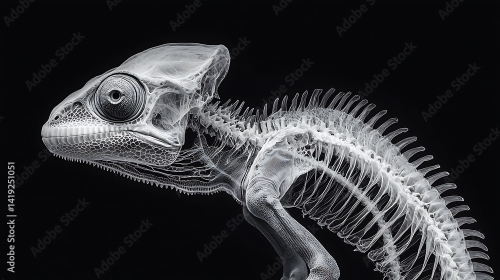 Poster x-ray image of a lizard showcasing its skeletal structure and intricate details against a black back