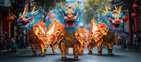 Fototapeta premium Colorful Dragon Dance Parade in City