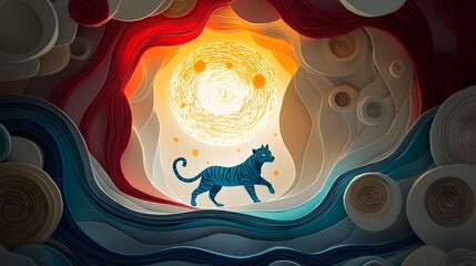 A magnificent celestial blue tiger stands under the glow of a mystical full moon its fur shimmering with intricate layered paper cut details that create a dreamlike ethereal atmosphere