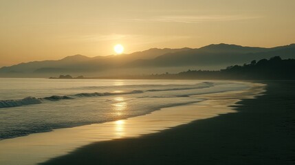 Golden sunrise over a tranquil coastal beach.