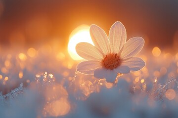 Daisy flower emerges from frost with sunlight glowing in the background during early morning hours in a serene landscape