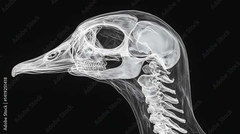 Poster an x-ray image showcasing the skeletal structure of a bird's head, highlighting its features and ana