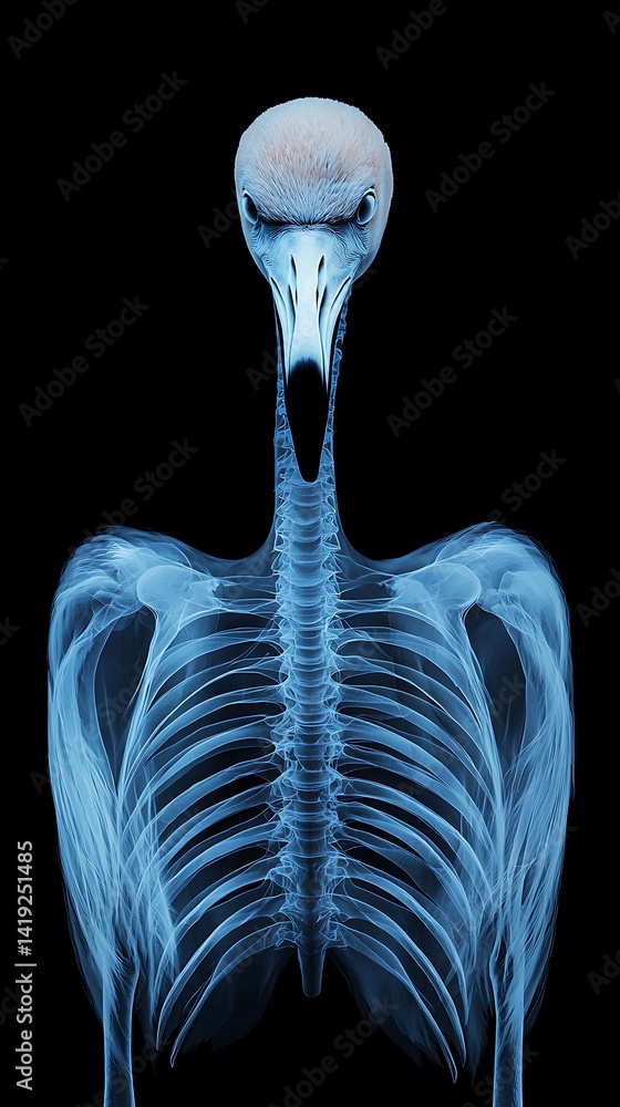 Poster an intricate x-ray image showcasing the skeletal structure of a bird, highlighting its anatomical fe