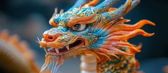 Fototapeta premium Colorful Dragon Statue Close-up, Asian Art, Temple Background, Mythical Creature