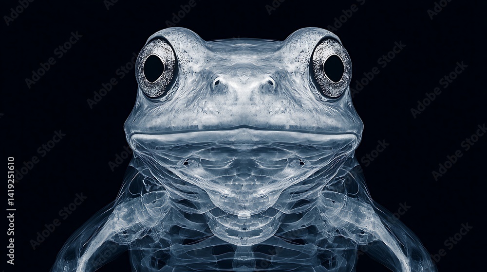 Poster a striking, transparent image of a frog, showcasing intricate internal structures against a dark bac