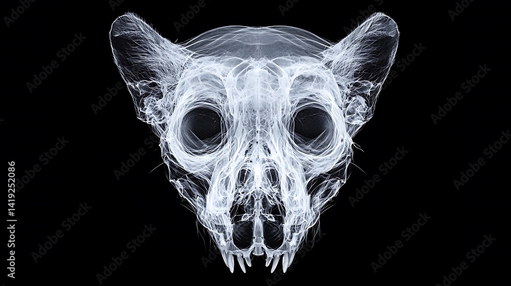 Poster an artistic x-ray image of a skull, showcasing intricate details and structures, with a dark backgro