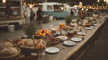 Grazing Table in a Field with Fruits, Vegetables, Charcuterie, and Colorful String Lights in a Summery Atmosphere