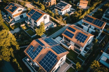 Obraz premium Aerial view of residential homes with rooftop solar panels.
