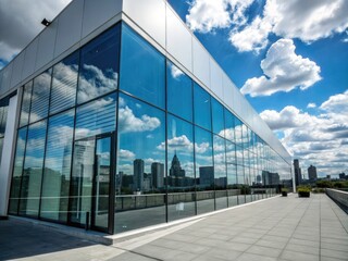 Modern building's mirrored surface showcases a breathtaking sky; pure minimalism.